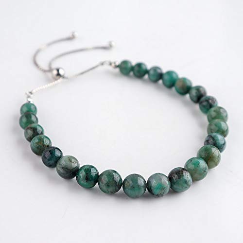 Natural Emerald Gemstone Beads Bolo Bracelet, 925 Sterling Silver, Rhodium Plated, May Birthstone, Chakra Healing Crystals, Adjustable Slider, Women Jewelry, Christmas Gift, Size 10 Inch #TOP1