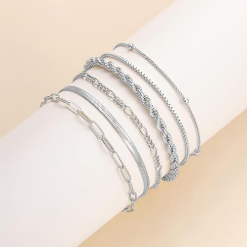 Image of VAMA FASHIONS Trendy 6 Pcs Silver Plated Bracelets Hand Jewelry Paperclip Rope Snake Figaro Herringbone Beads Chain Bracelets Set For Girls & Women
