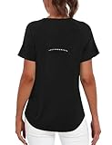 Wayleb Sport Shirts für Damen Rundhals Komfortabel Kurzarm Top mit Gebogenem Rückenprint für Tennis Golf Workout T-Shirts Schwarz S-XXL