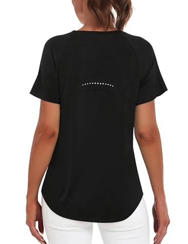 Wayleb Sport Shirts für Damen Rundhals Komfortabel Kurzarm Top mit Gebogenem Rückenprint für Tennis Golf Workout T-Shirts Schwarz S-XXL