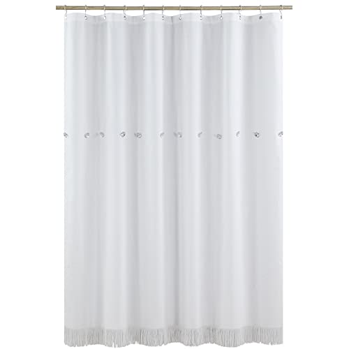 Mvsuta Falisy Acrylic Crystal Button Tassel Farmhouse Boho Hand-Knotted Pattern White Fabric Shower Curtains For Bathroom, Modern Decorative Spa Hotel Bathroom Curtains,72" W X 72" L #TOP6