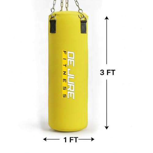 Image of De Jure Fitness Heavy Duty Punching Bag with Rust-Proof Stainless Steel Hanging Chain | Durable Polyester Fabric | Comfortable Recycled Filling | Boxing MMA, Kickboxing (Polyester-Filled-Yellow, 3 Ft)