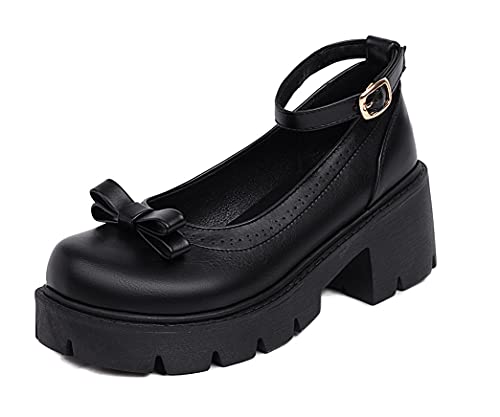 UniqueStride Women's Retro Platform Ankle Strap Round Toe Chunky High Heel Pumps Buckle Bow Dress Shoes2