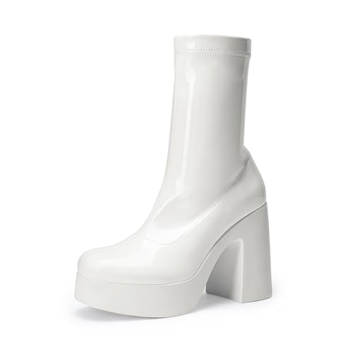 DREAM PAIRS Women's Platform Gogo Ankle Boots High Chunky Block Heel Square Toe Booties Shoes,Size 8,White-Pat,SDAB2310W