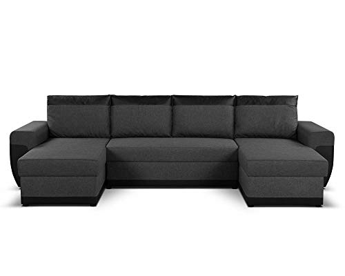 Lisa Design Best Mobilier - Canapé d'angle Panoramique Milan - Canapé 7 Places Convertible, en Simili et Tissu - 2 Coffres de Rangement - Fabriqué en Europe - Noir/Gris