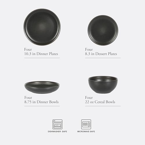 Image of Gibson Elite Beckett Stoneware Matte Reactive Glaze 16 Piece (Service for 4) Plates and Bowls Dinnerware Set - Black