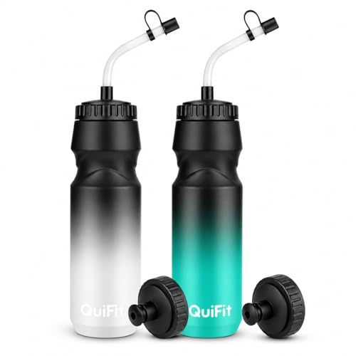 Lacrosse Water Bottle with Long Straw -32oz Hockey Water Bottle 2 Pack with 2 Lids Each- BPA Free Squeeze Sports Water Bottles Leakproof Dishwasher Safe- for Helmet Lacrosse (Black Blue+Black White)