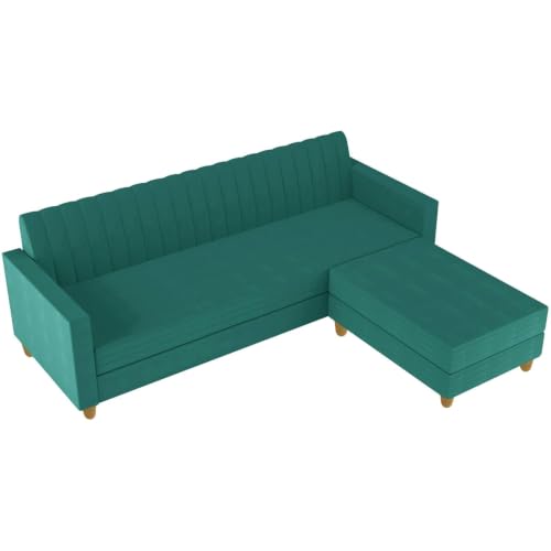 Image of Rosebell 3 + 1 Wooden 4 Seater L Shape Velvet Sofa Set | Convertible Modular Sectional Couch for Living Room | Space-Saving Design for Home & Office Guest Room- Green Color