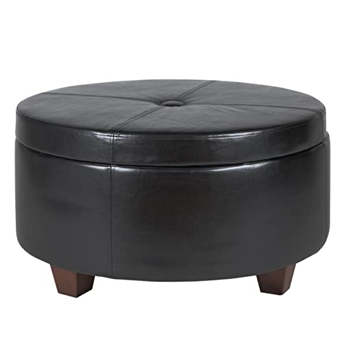 Homepop Home Decor | Upholstered Faux Leather Large Tufted Round Storage Ottoman | Button Top Ottoman with Storage for Living Room & Bedroom | Decorative Home Furniture, Black
