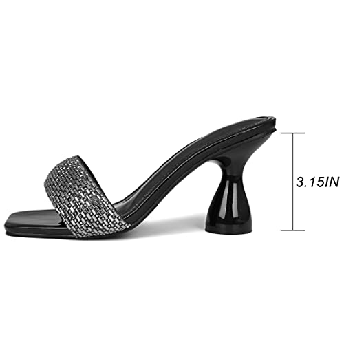 Image of Women's Square Open Toe Kitten Heel Mules, Rhinestone Sandals | Metallic PU Slides & 3.15 IN Block Square Heels: Non-Slip Rubber Outsole, Easily for Wedding, Party or Work.