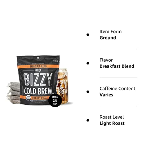Bizzy Organic Cold Brew Coffee | Breakfast Blend | Coarse Ground Coffee | Micro Sifted | Specialty Grade | 100% Arabica | Brew Bags | 4 Count | Makes 14 Cups #TOP1