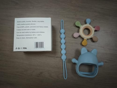 Image of 3 Packs Baby Teething Toys for 0-12 Months Babies, Silicone Pacifier with Teething Mittens and Silicone Teethers for Babies, Soft Handheld Teether Baby Chew Toys for Infants, (Blue)