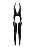TiaoBug Damen Wetlook Bodysuit Ouvert Hose Latex Catsuit Lack Leder Overall Jumpsuit Neckholder Top Hot Pants Aushöhl Dessous Gogo Clubwear Schwarz XL