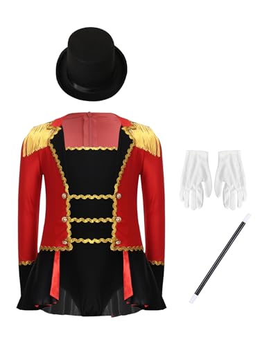 Monduelle Body de circo para niña con gorro, guantes, varita mágica, director de circo, uniforme, Halloween, carnaval, rojo, 110-116
