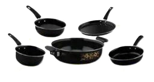 Image of Cast Iron Non Stick Cookware 5 Piece Set Kitchen Essentials Kadai Fry Pan Tawa Saucepan Milk Pan Induction Use Black Free Size