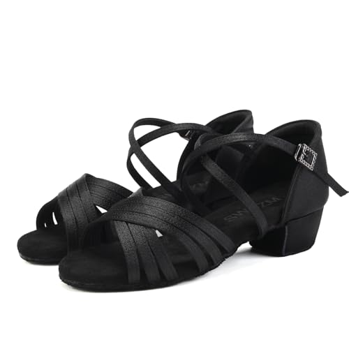 SWDZM Girls Latin Dance Shoes Low Heels Ballroom Salsa Tango Practice Dance Shoes for Girls Kids,Black,Heel 1 3/8 inch,Suede Sole,4.5 US Big Kid2