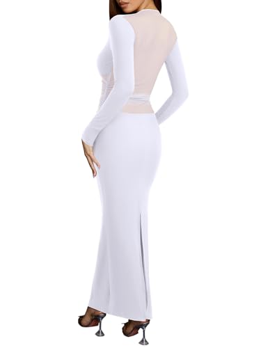 REORIA Women's Sexy Deep V Neck Long Sleeve Dress Mesh Sheer Ruched See Through Bodycon Maxi Long Dresses Brilliant White Medium — view 2