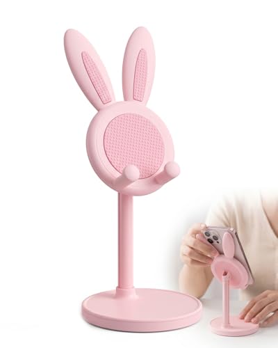 YIPFEN Soporte Móvil Mesa Conejo Rosa, 1 Unidad, Ajustable y Plegable Universal. Base Estable Manos Libres para Smartphone/Tablet, Ideal Videollamadas/Escritorio.