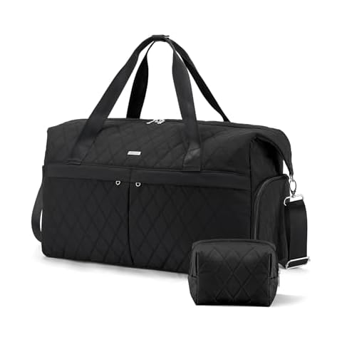 Marvolia Duffle Bag for Women - Quilted Duffel Bag for Travel Weekender Bag with Toiletry Bag Overnight Bag with Shoe Compartment Carry On Bag for Business Trips Sports - Black Cover
