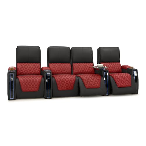 Image of Seatcraft Apex Red /Black Italian Leather Home Theater Seating, Zero Gravity Power Recliner Chair Powered Headrest and Lumbar Gaming and Lounge Sofa Furniture for Cinema Room, Row of 4 Middle Loveseats