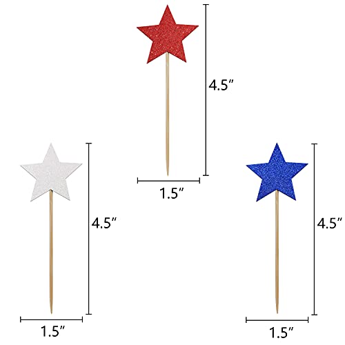 4th of July Cupcake Toppers Red Blue White Star Glitter Patriotic Food Pick Memorial Independence Day Party Decoration 24 Pieces