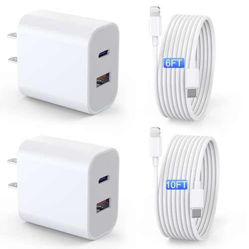 iPad Charger 2 Pack 20W Dual Port QC + PD 3.0 Power Adapter Fast Wall Charger Block with 6FT&10FT Lightning Cord Cable for iPad 9/8/ 7 Generation, iPad Air, iPad mini, iPad Pro, iPhone
