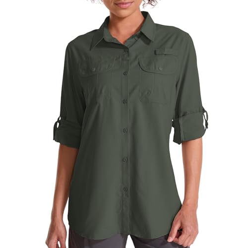 Women's UPF 50 Sun Protection Shirts Long Sleeve Fishing Hiking Shirt Cool Lightweight Outdoor Safari Travel Shirts 5082army Green-XL
