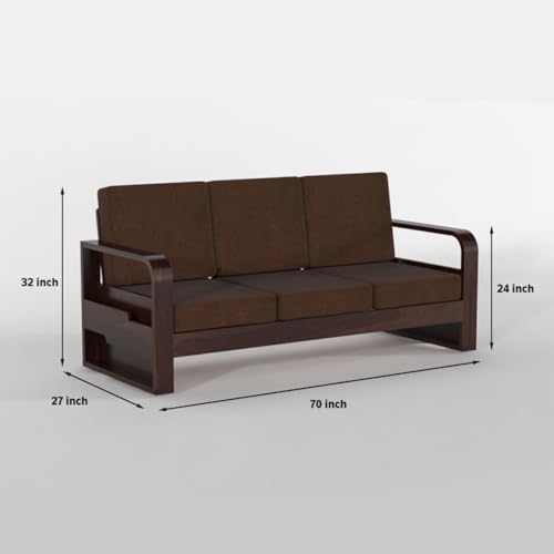 Image of Sheesham Wooden 6 Seater Sofa Set for Living Room | Solid Wood Sofa with Side Pocket Storage & Cushion | Rosewood Sofa for Home & Office | Lounge (Walnut with Brown Cushion, 6 Seater)