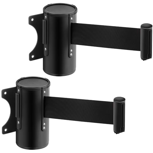 Landical 2 Pcs 16ft Wall Mount Retractable Barrier Belt Fixed Safety Belt Barrier Rope with Braking System Locking Button for Crowd Control Parking, Black