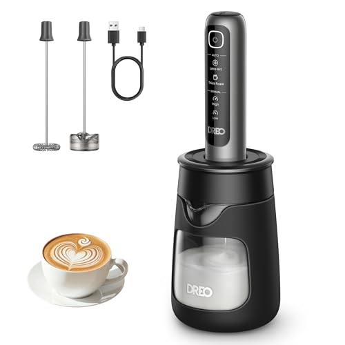 Image of DREO Handheld Milk Frother with Cup - 4-Model Settings for Latte Art-Level Microfoam 2550mAh Battery for 180+ Coffee & Drinks, IPX7 Waterproof, Fast Hands-Free Frothing, Easy-Clean, Black