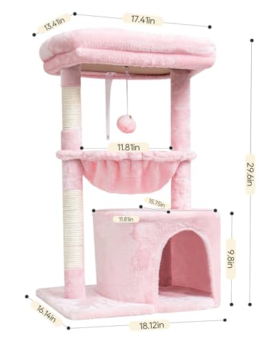 SYANDLVY Small Cat Tree for Indoor Cats, Cat Tower with Scratching Post, Modern Cat House with Padded Perch, Kittens Condo with Cradle, Cat Cave, Pink