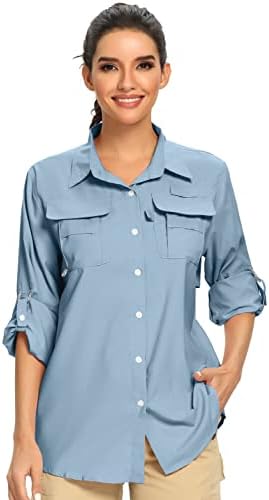 Women’s UPF 50+ UV Sun Protection Safari Shirt, Long Sleeve Outdoor Cool Quick Dry Fishing Hiking Gardening Shirts