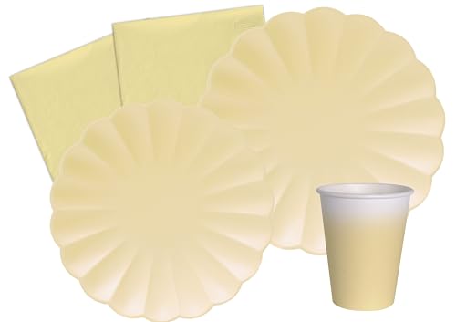 Kit Vajilla de Fiesta Flower Shape para 8 personas (44 pcs: 8 platos Ø23cm, 8 platos Ø18cm, 8 vasos 250ml, 20 servilletas 33x33cm) de papel compostable eco-friendly, amarillo pastel