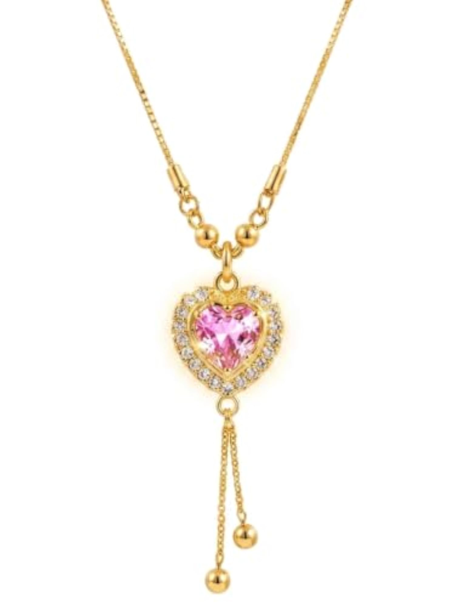 Women's Gold-Plated Heart Pendant Necklace with Pink Crystal & Tassel
