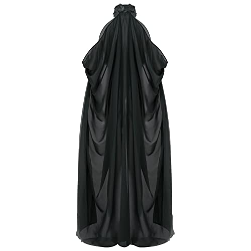 KKmeter Women Vintage Embroidered Wedding Long Chiffon Cape Stand Collar Off Shoulder Bridal Veil Cloak Halter Capelets (Onesize, Black)