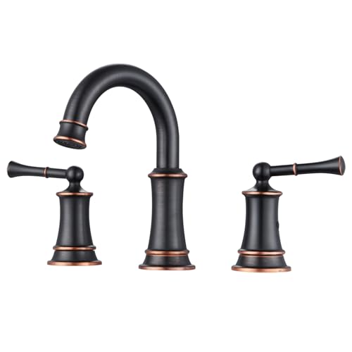 Rustic Oil Rubbed Bronze Bathroom Faucet, 360 Rotatable Spout, 2 Handles, 3 Hole Widespread, Pop Up Drain & Supply Lines Included, Antique Style (L2304-ORB)