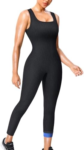 Junlan Sauna Suit Women Waist Trainer Ribbed Sweat Sauna Shirt Full Body Jumpsuit (Blue,Large)