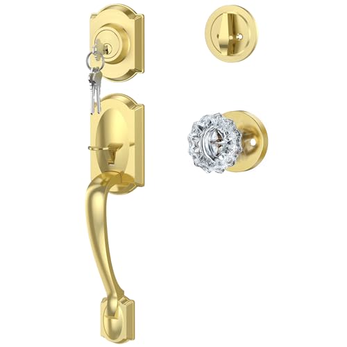 Calzibeno Vintage Front Door Handle and Deadbolt Set Gold Front Door Lock Set with Crystal Glass Door Knob Entry Door Lock Set with Single Cylinder Reversible for Right & Left