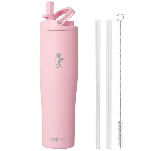 Image of Coolflask 40 oz Insulated Water Bottle Fits Cup Holder with Straw & Handle