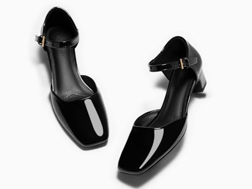Coutgo Womens Chunky Low Heels Dress Shoes Ankle Buckle Strap Square Toe D'Orsay Pumps Work Party Shoes4