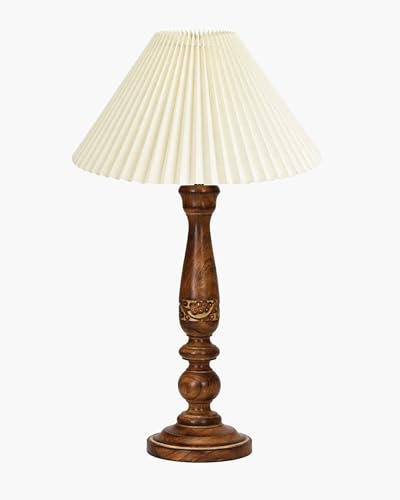 Image of Homesake Floral Carved Wood Table Lamp with Shade | Handcrafted Bedside Lamp, E27 Holder| Bulb Included |Warm Light Night Lamp, Bedroom, Living Room, Study & Home Decor, (Pleated Off-White)