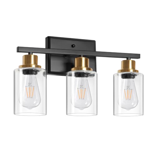 Image of Ascher Bathroom Vanity Light Fixtures, 3 Light Wall Sconces Lighting with Clear Glass Shade, Black and Gold Wall Lights for Mirror, Kitchen, Living Room, Hallway, E26 Base (Bulbs Not Included)