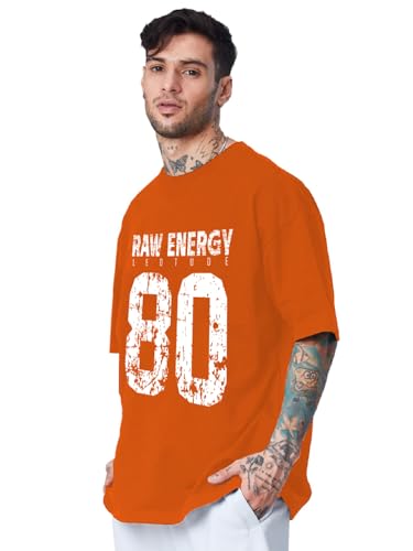 Image of LEOTUDE Men Half Sleeve Round Neck Graphic Font Printed Cottonblend Oversized Tshirts (Colour: Orange)