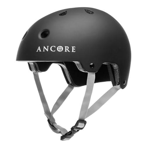 Ancore - Prolight - Helm für Skateboard, BMX, Scooter, Fahrrad und Extremsportarten - Hartschale, stoßfest, Verstellbarer Kinnriemen Skaterhelm (Matte Black, L/XL - Kopfumfang 59-61 cm)