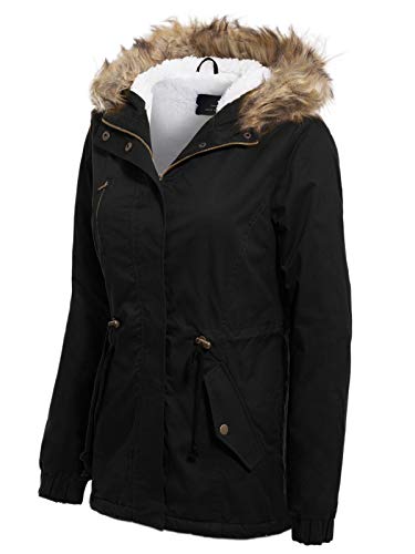 MixMatchy Women\'s Junior Fit Faux Fur Lining Warm Casual Military Anorak Safari Hoodie Jacket Black S