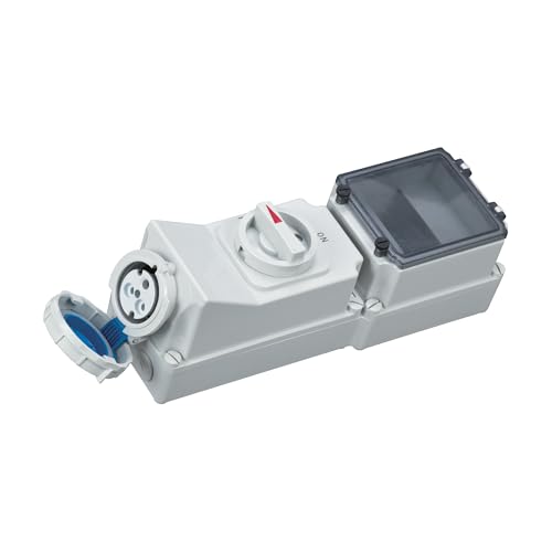 MX Industrial Interlock Socket with Duo 230V Outlet, 5-Pole 32A 3P 6H IP67 Waterproof Electrical Plug & Socket Connector for Industrial Power Distribution and Machinery Applications