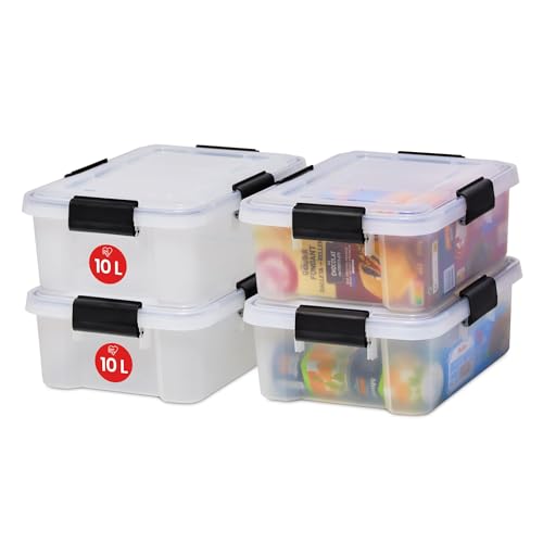 Iris Ohyama Luftdichte Kunststoff-Aufbewahrungsboxen mit Deckel, 10L, 4er-Set, Transparent, Hermetischer wasserdichter Verschluss, Robuste...