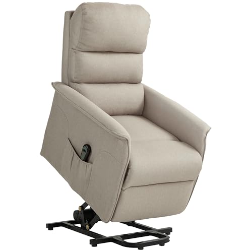 HOMCOM Sillón Relax Reclinable Eléctrico Levanta Personas, Sillón Elevador con Control Remoto, Reposapiés, Tapizado en Lino, Bolsillo Lateral, para Salón, Dormitorio, Beige