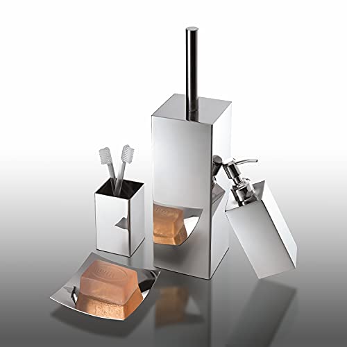 Set - Il set si compone di: portasapone bagno 2 x 11,8 x 11,8 cm, scopettino wc 38 x 9 x 9 cm, dispenser sapone bagno 18 x 6 x 6 cm e porta spazzolino e dentifricio 10 x 6 x 6 cm.
