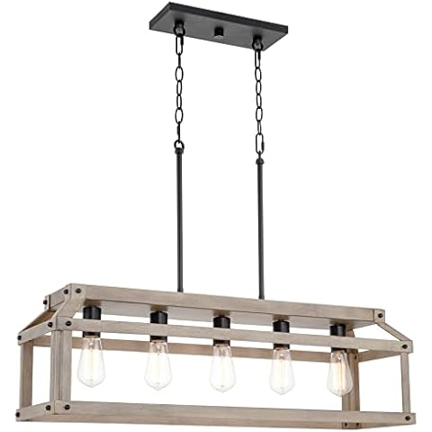 Kira Home Issac 33.5" 5-Light Farmhouse Island Light, Smoked Birch Wood Style + Black Finish Cover